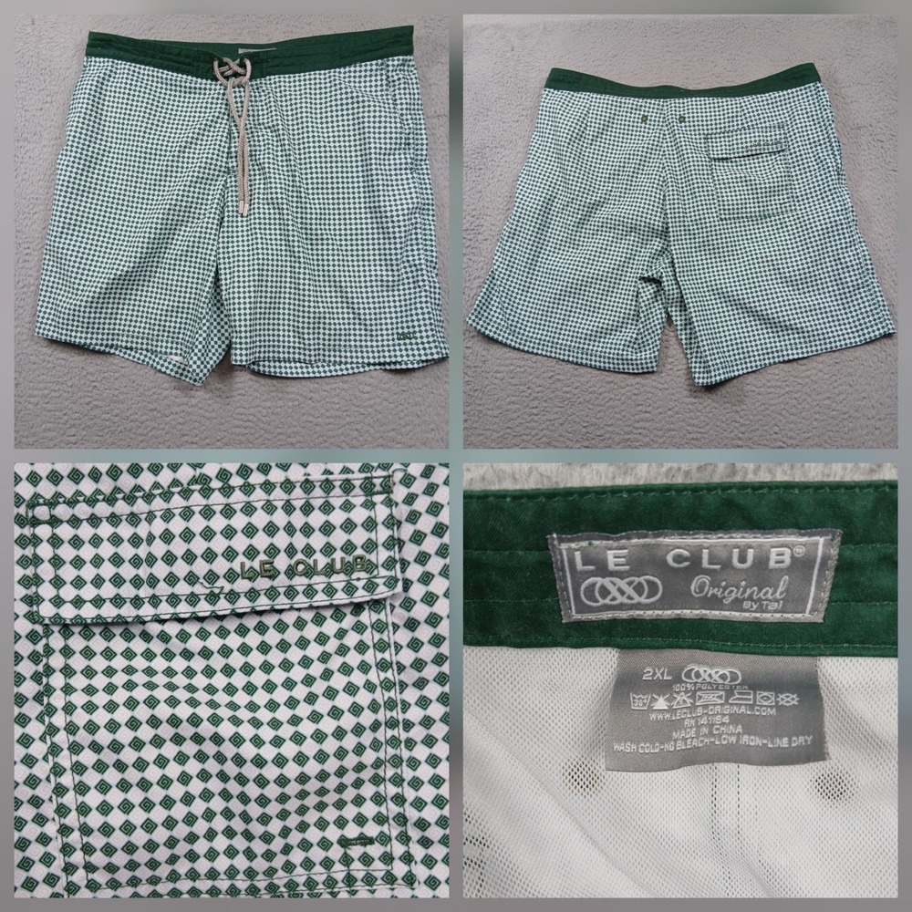 Le Club Original Swim Trunks Men's 2XL Green‎ White Geometric Mesh Lined
